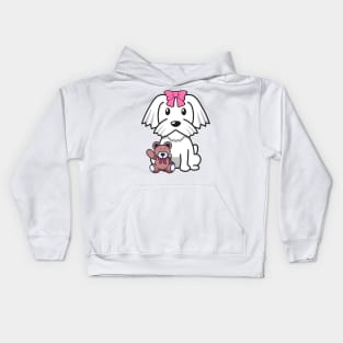 Cute white dog is holding a teddy bear Kids Hoodie